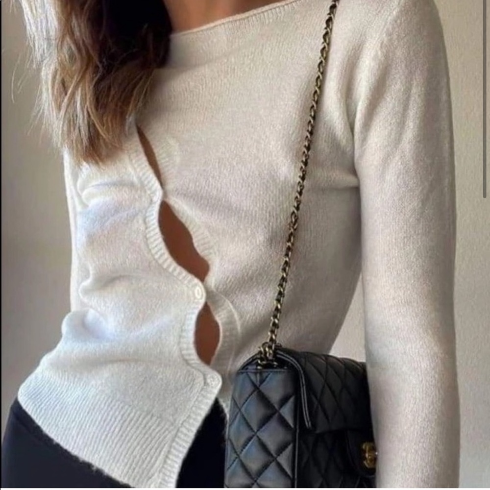 White Asymmetric Button Knit Sweater